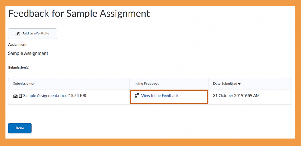 Screenshot of assignment feedback area and link to viewing inline feedback